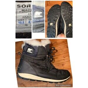 SOREL Women’s Whitney Fur Lined Short Lace Boot warm winter snow black US 10 EUC